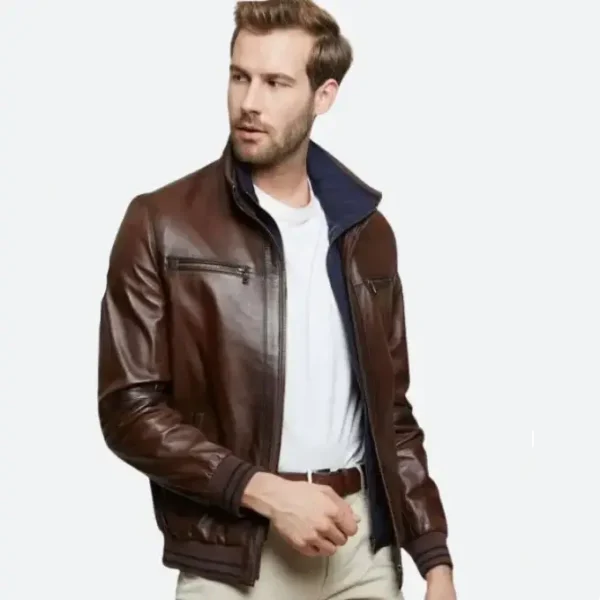 Brown Leather Bomber Jacket