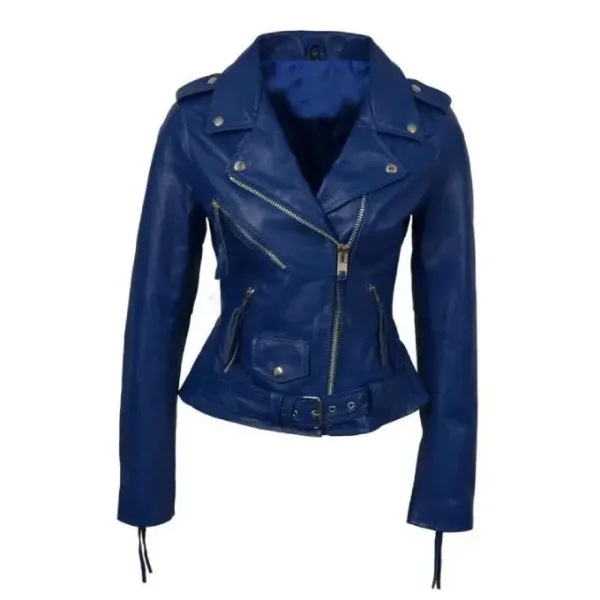 Women Blue Biker Leather Jacket